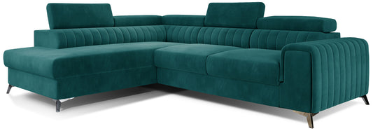 Narożnik Laurence w układzie lewym, tapicerowany tkaniną Mat Velvet 75 zielony, z regulowanymi zagłówkami i smukłymi metalowymi nogami.