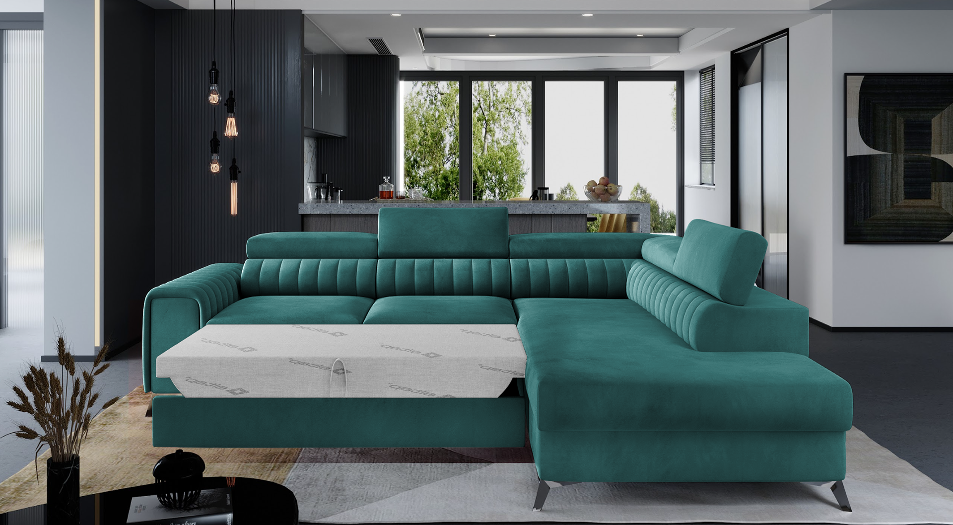 Narożnik Laurence w tkaninie Mat Velvet 75 zielony, układ prawy, rozłożony z funkcją spania zapewniającą komfortowy wypoczynek.