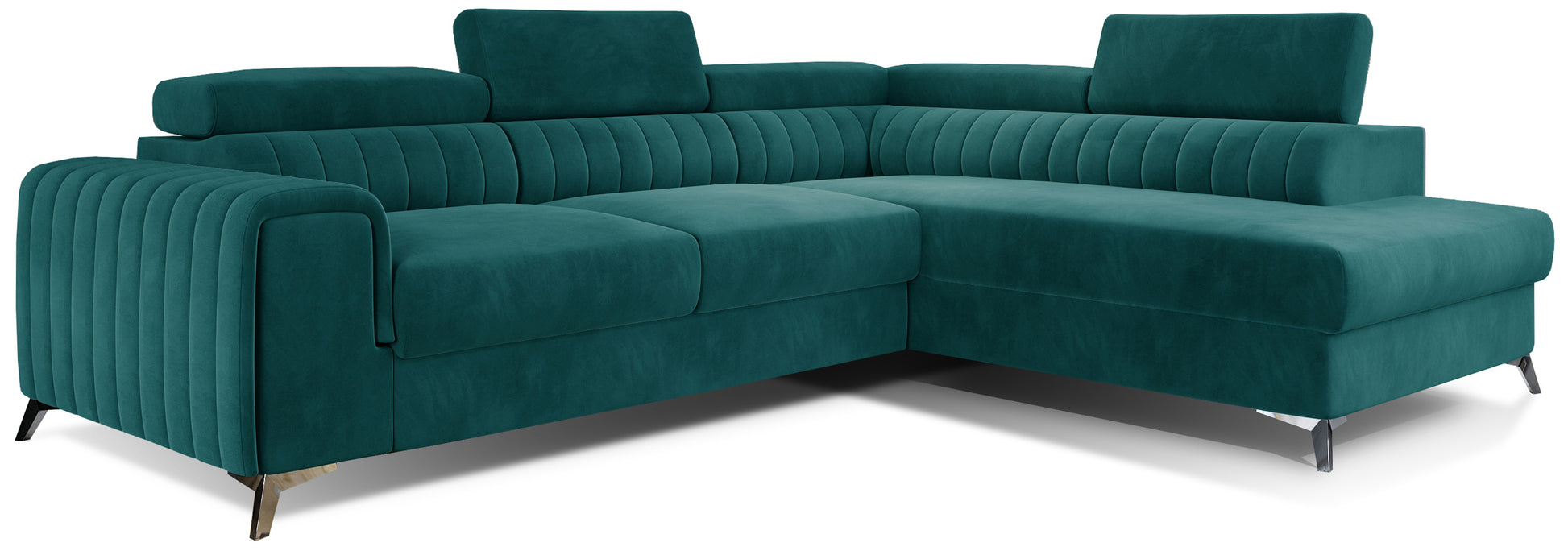 Narożnik Laurence w układzie prawym, tapicerowany tkaniną Mat Velvet 75 zielony, z regulowanymi zagłówkami i eleganckimi metalowymi nogami.