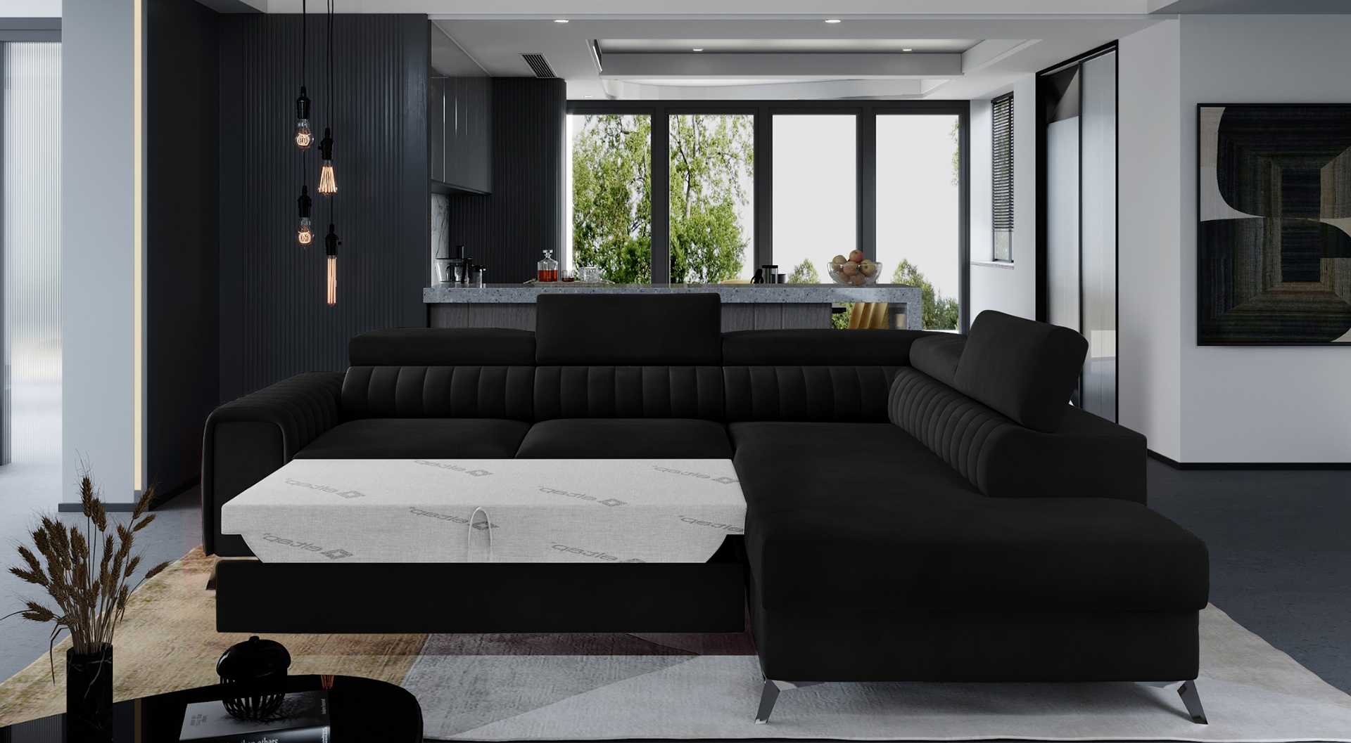 Narożnik Laurence w tkaninie Mat Velvet 99 czarny, układ prawy, rozłożony z funkcją spania zapewniającą komfortowy wypoczynek.