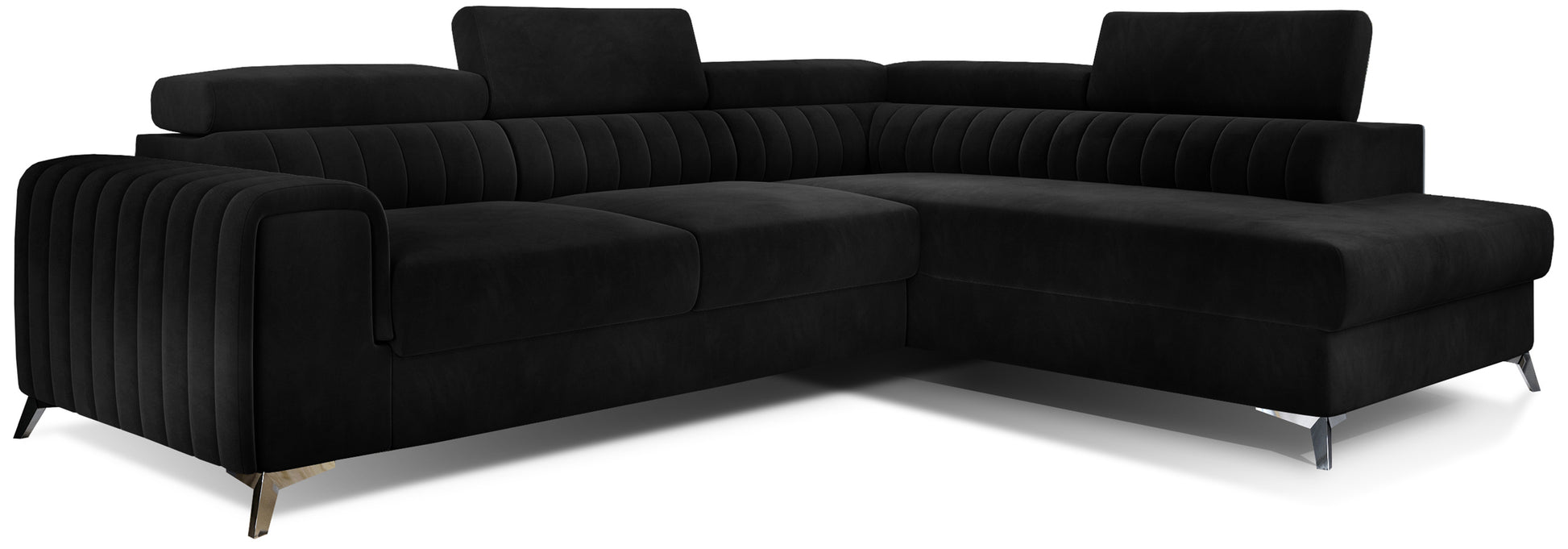 Narożnik Laurence w układzie prawym, tapicerowany tkaniną Mat Velvet 99 czarny, z regulowanymi zagłówkami i eleganckimi metalowymi nogami.