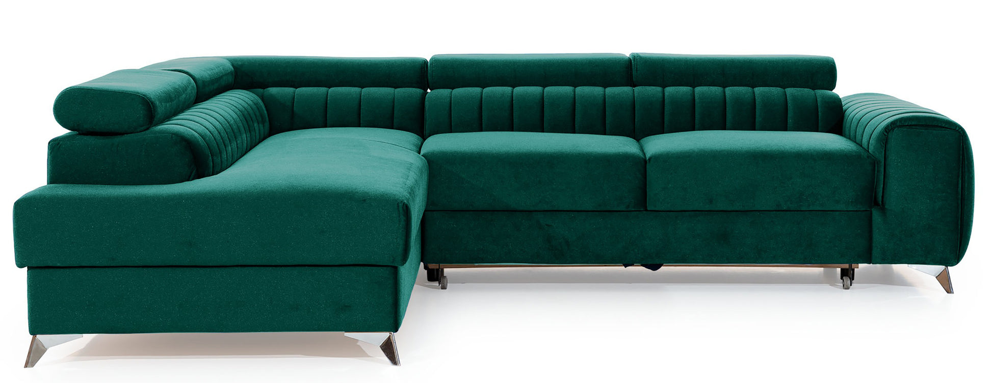 Narożnik Laurence w układzie lewym, tapicerowany tkaniną Monolith 37 zielony, z regulowanymi zagłówkami i smukłymi metalowymi nogami.