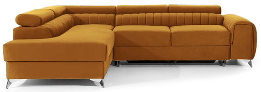 Narożnik Laurence w układzie lewym, tapicerowany tkaniną Monolith 48 żółty, z regulowanymi zagłówkami i metalowymi nogami.