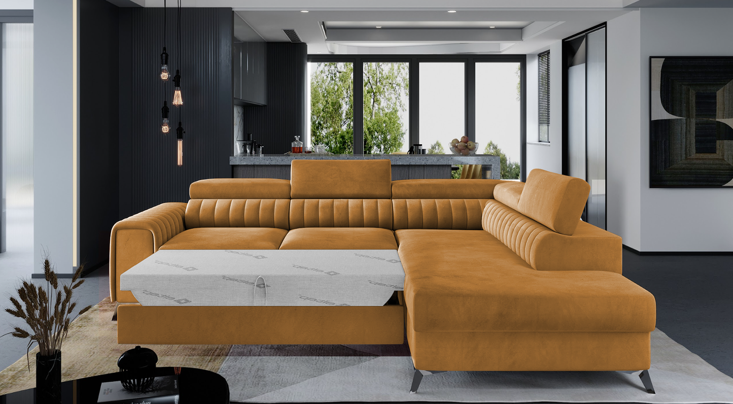 Narożnik Laurence w tkaninie Monolith 48 żółty, układ prawy, rozłożony z funkcją spania zapewniającą komfortowy odpoczynek.