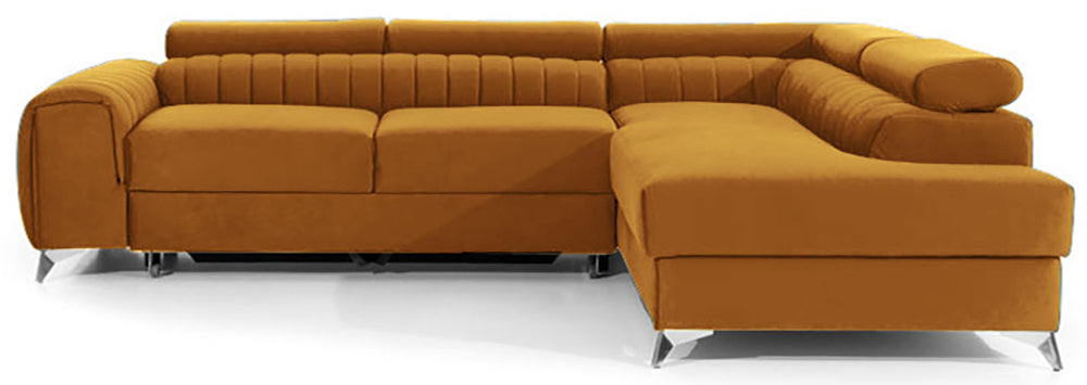 Narożnik Laurence w układzie prawym, tapicerowany tkaniną Monolith 48 żółty, z regulowanymi zagłówkami i eleganckimi metalowymi nogami.