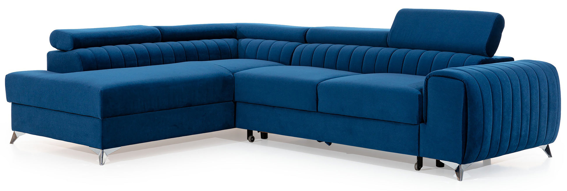 Narożnik Laurence w układzie lewym, tapicerowany tkaniną Monolith 77 granatowy, z regulowanymi zagłówkami i eleganckimi metalowymi nogami.