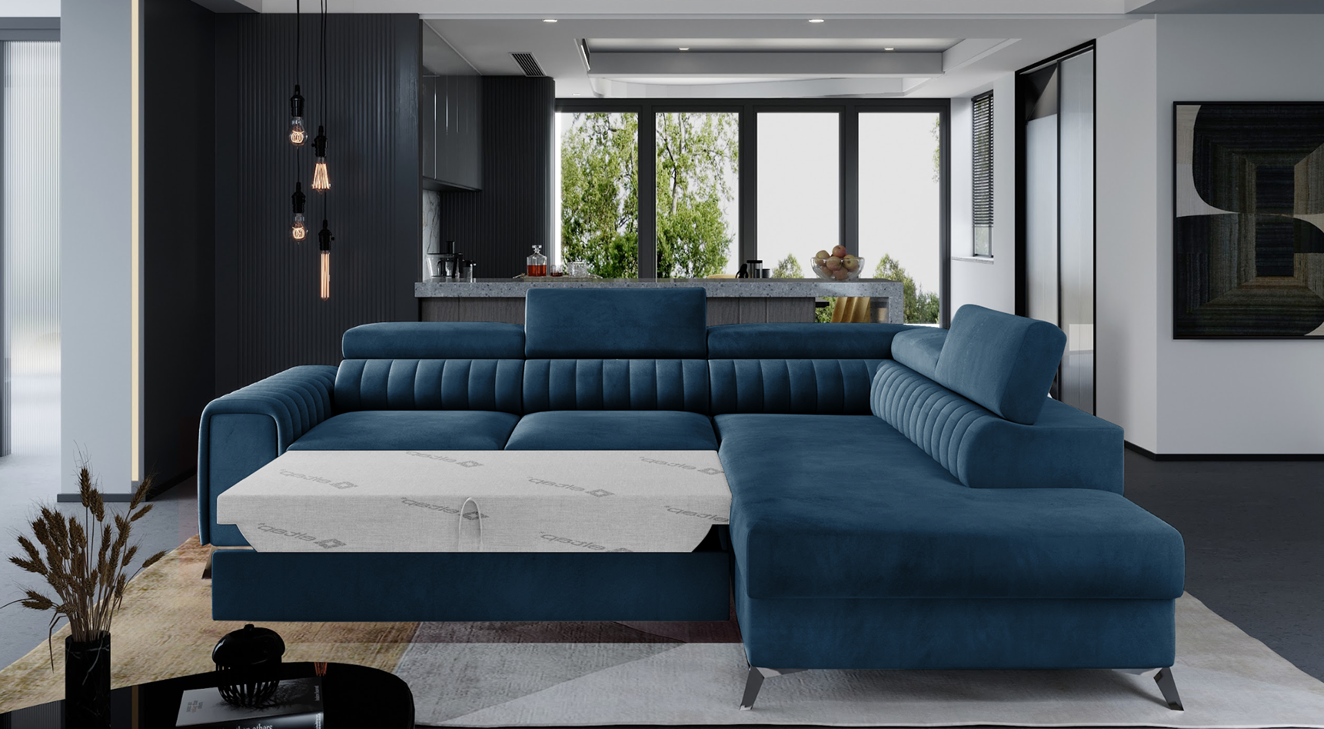Narożnik Laurence w tkaninie Monolith 77 niebieski, układ prawy, rozłożony z funkcją spania zapewniającą komfortowy wypoczynek.