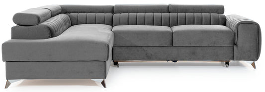 Narożnik Laurence w układzie lewym, tapicerowany tkaniną Monolith 84 jasnoszary, widok na prostych nogach i z regulowanymi zagłówkami.