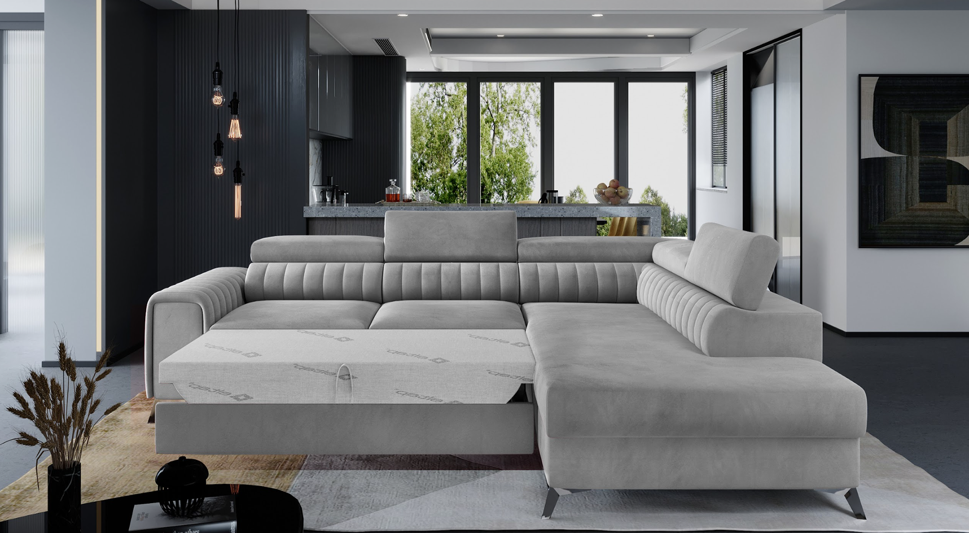 Narożnik Laurence w tkaninie Monolith 84 jasnoszary, układ prawy, rozłożony z funkcją spania zapewniającą komfortowy wypoczynek.