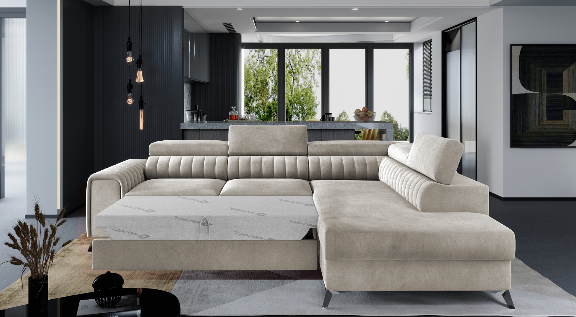 Narożnik Laurence w tkaninie Paros 02 beżowy, układ prawy, rozłożony z funkcją spania zapewniającą komfortowy wypoczynek.