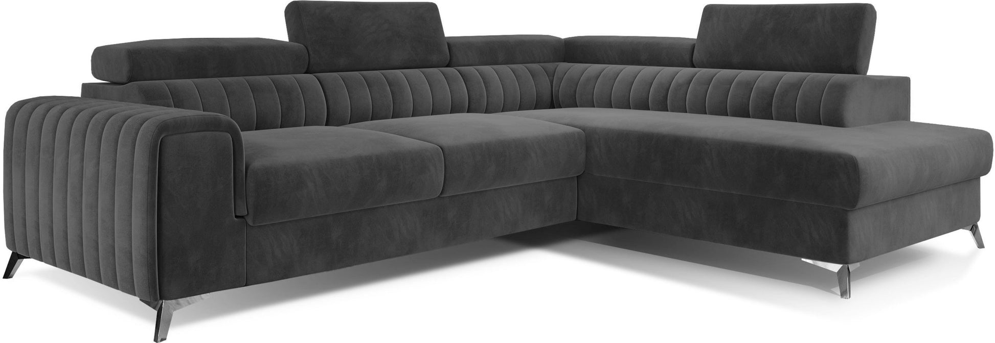 Narożnik Laurence w układzie prawym, tapicerowany tkaniną Paros 06 ciemnoszary, z regulowanymi zagłówkami i eleganckimi metalowymi nogami.