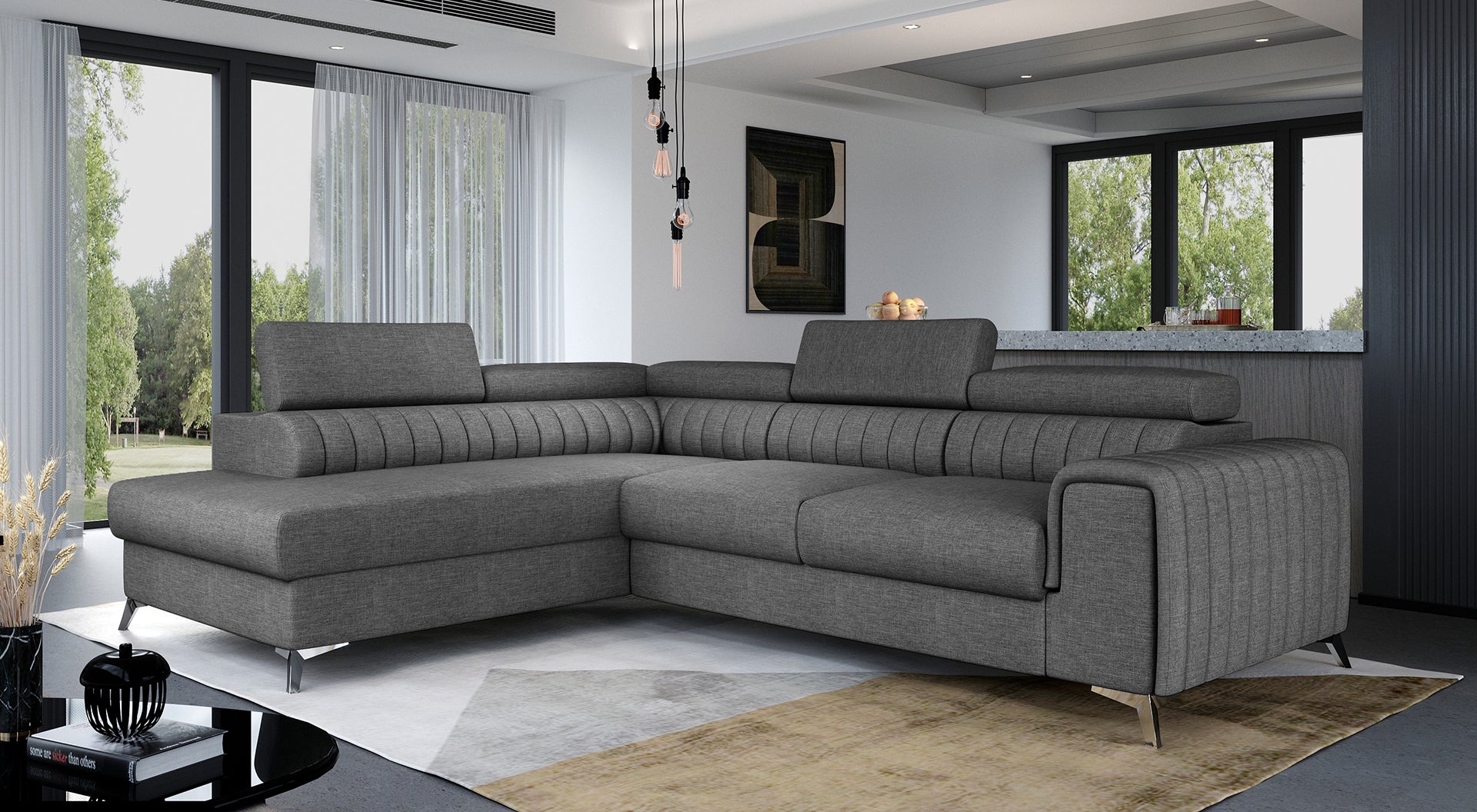 Narożnik Laurence w kolorze Sawana 05 ciemnoszary, układ lewy, ustawiony w nowoczesnym salonie z dużymi oknami i minimalistycznym wystrojem.