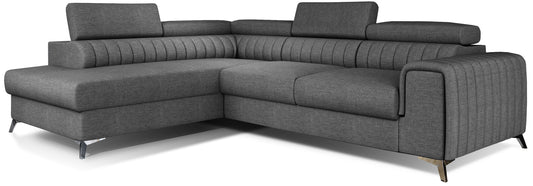 Narożnik Laurence w układzie lewym, tapicerowany tkaniną Sawana 05 ciemnoszary, z regulowanymi zagłówkami i eleganckimi metalowymi nogami.