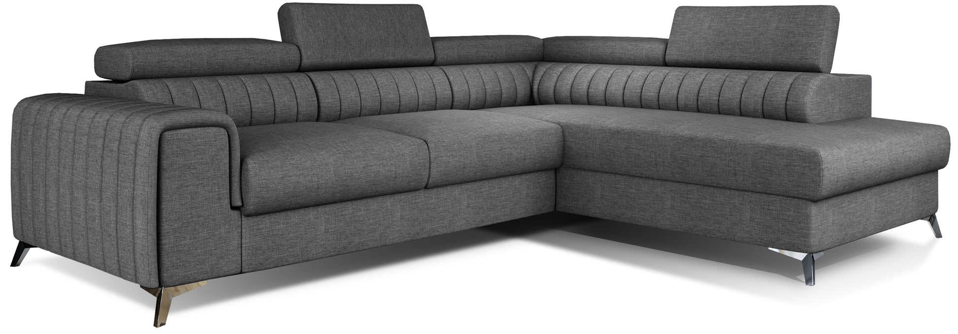 Narożnik Laurence w układzie prawym, tapicerowany tkaniną Sawana 05 ciemnoszary, z regulowanymi zagłówkami i eleganckimi metalowymi nogami.