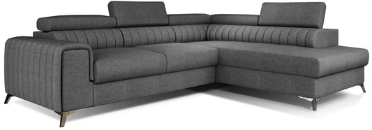 Narożnik Laurence w układzie prawym, tapicerowany tkaniną Sawana 05 ciemnoszary, z regulowanymi zagłówkami i eleganckimi metalowymi nogami.