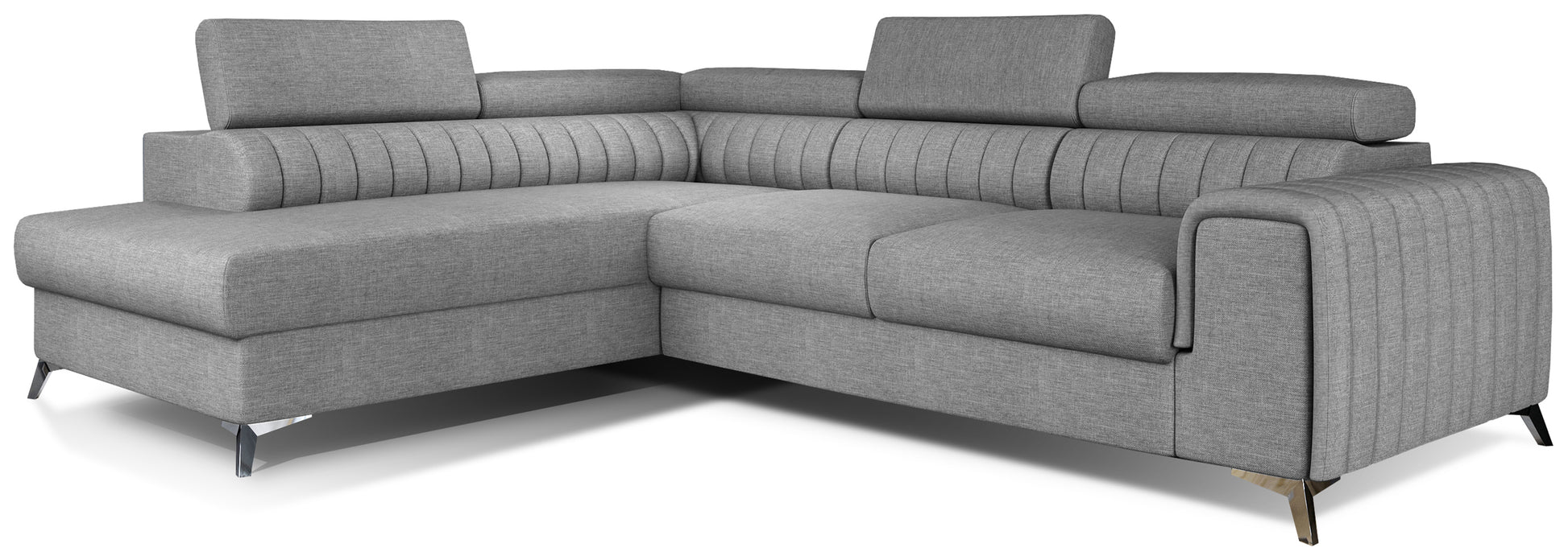 Narożnik Laurence w układzie lewym, tapicerowany tkaniną Sawana 21 szary, z regulowanymi zagłówkami i nowoczesnymi metalowymi nogami.