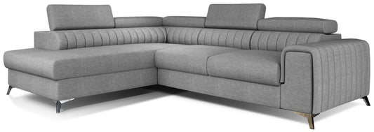 Narożnik Laurence w układzie lewym, tapicerowany tkaniną Sawana 21 szary, z regulowanymi zagłówkami i nowoczesnymi metalowymi nogami.