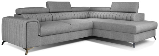 Narożnik Laurence w układzie prawym, tapicerowany tkaniną Sawana 21 szary, z regulowanymi zagłówkami i eleganckimi metalowymi nogami.