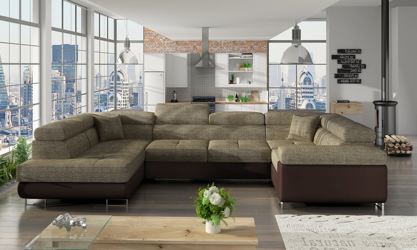 Narożnik Letto w tkaninie Berlin 03 ciemnobeżowej z brązowym Soft 66 w eleganckim salonie