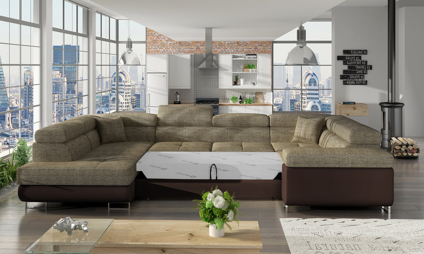 Ciemnobeżowy narożnik Letto Berlin 03 z brązowymi elementami Soft 66 w nowoczesnym wnętrzu