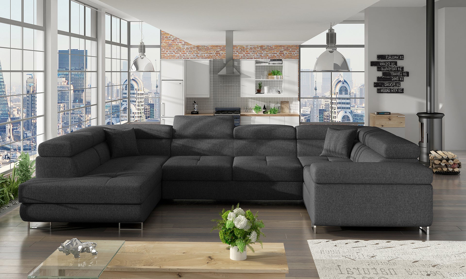 Ciemnoszary narożnik Letto w tkaninie Inari 96 w nowoczesnym salonie