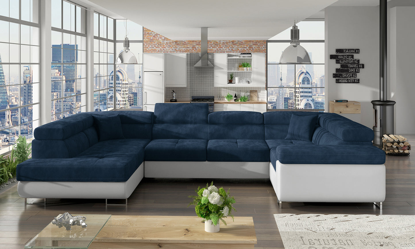 Narożnik Letto Kronos 09 granatowy z białym podnóżkiem Soft 17 w nowoczesnym salonie