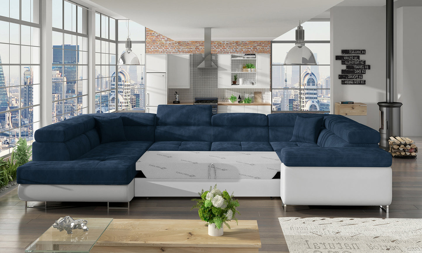 Granatowo-biały narożnik Letto w tkaninach Kronos 09 i Soft 17 w aranżacji pokoju dziennego