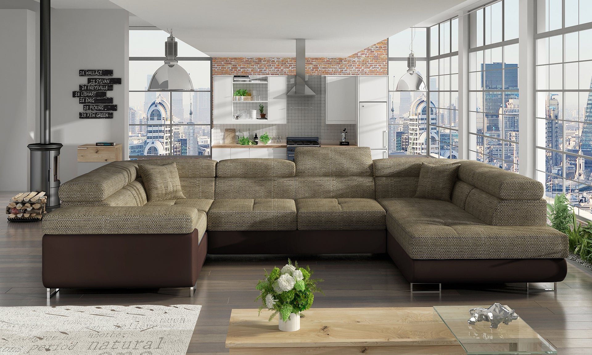 Narożnik Letto modułowy Berlin 03 ciemnobeżowy z brązową podstawą Soft 66 w nowoczesnym salonie, widok z lewej strony