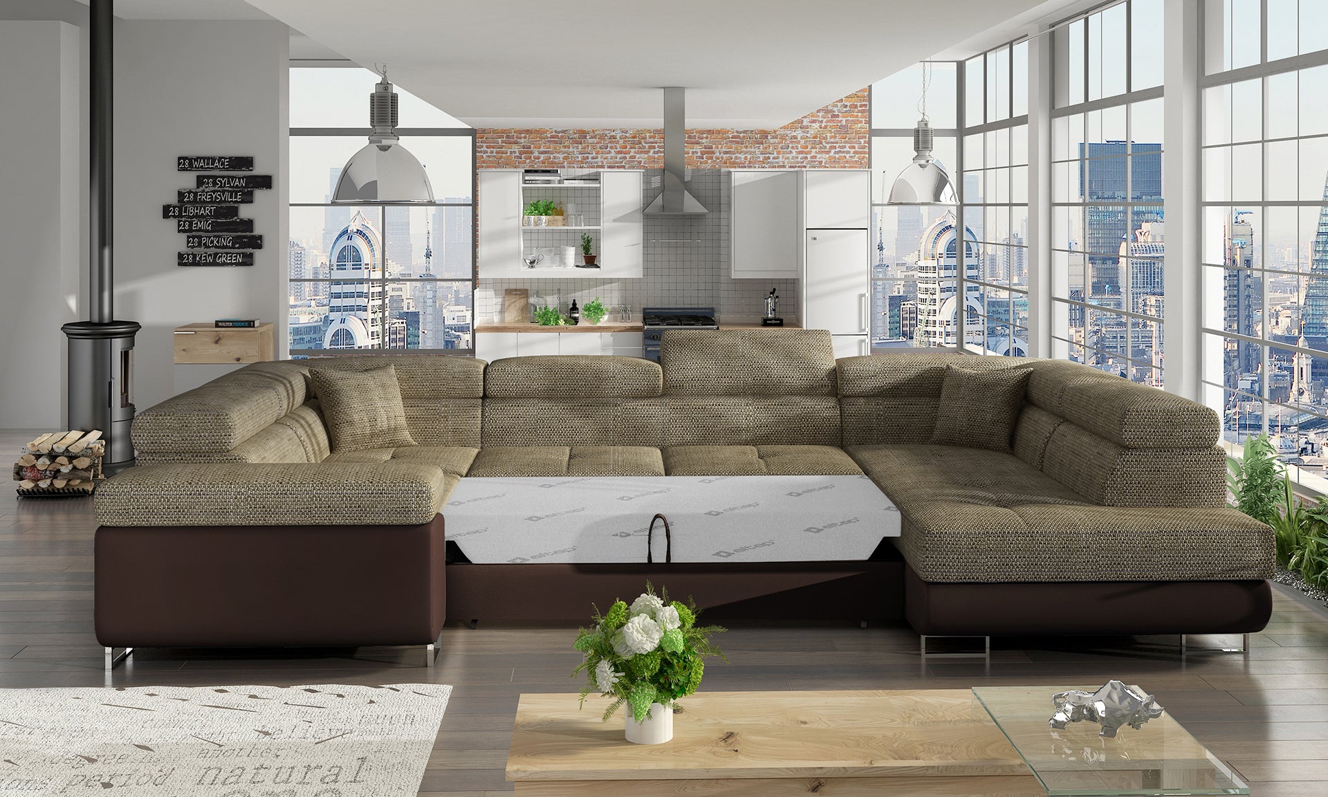 Narożnik Letto modułowy w tkaninie Berlin 03 ciemnobeżowy z podstawą Soft 66 brązowy w eleganckiej aranżacji salonu, widok z prawej strony