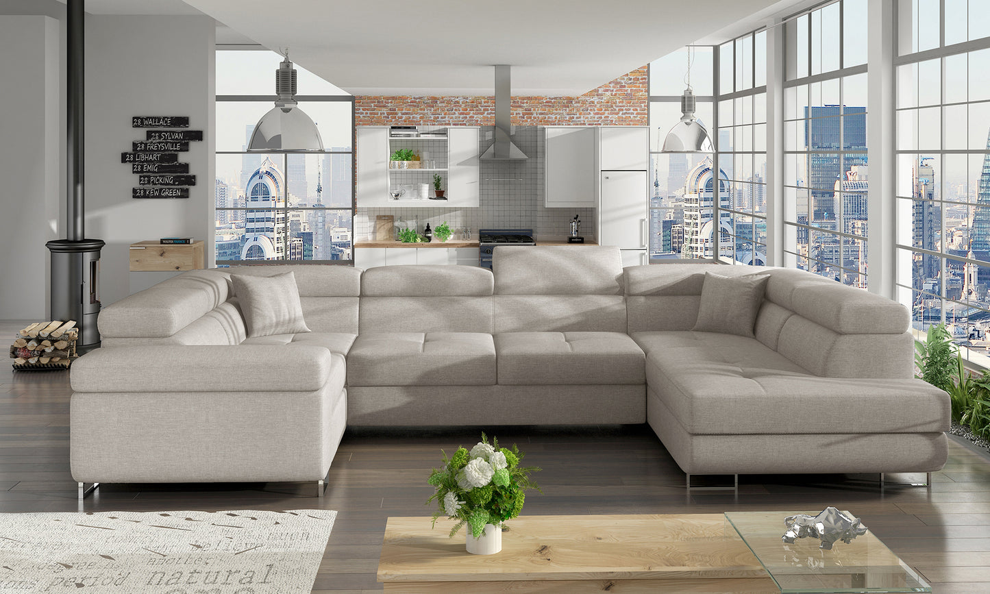 Narożnik Letto modułowy w tkaninie Cover 02 jasnoszary w nowoczesnym salonie, widok z lewej strony