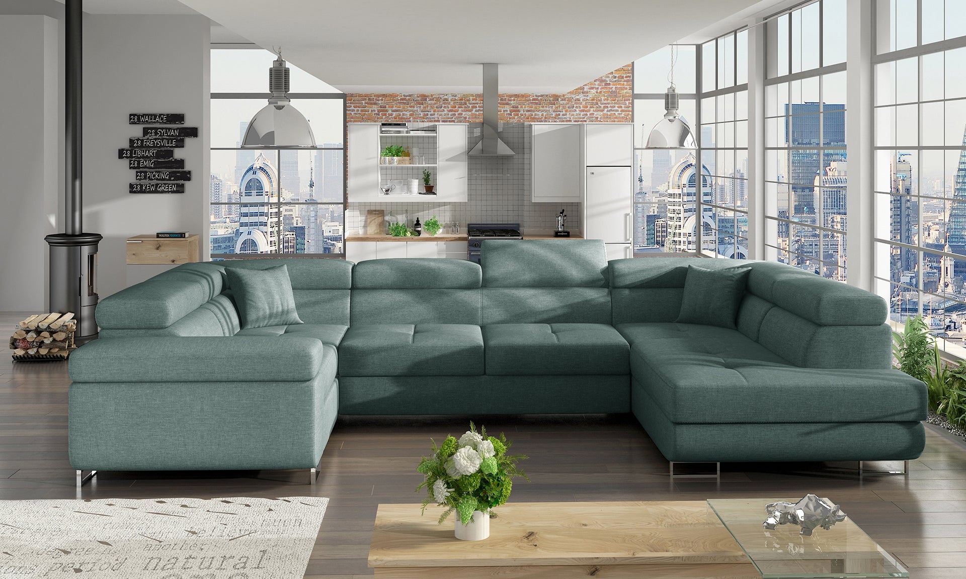 Narożnik Letto modułowy w tkaninie Cover 70 niebieski w nowoczesnym salonie, widok z lewej strony