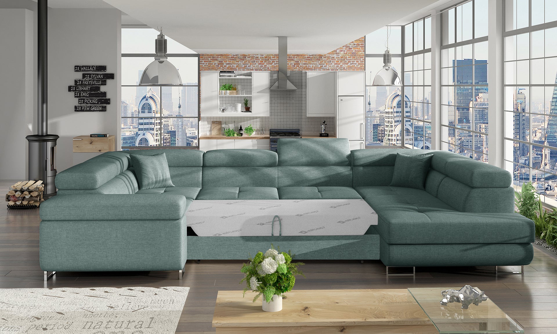 Narożnik Letto modułowy w kolorze niebieskim Cover 70 w eleganckiej aranżacji salonu, widok z prawej strony