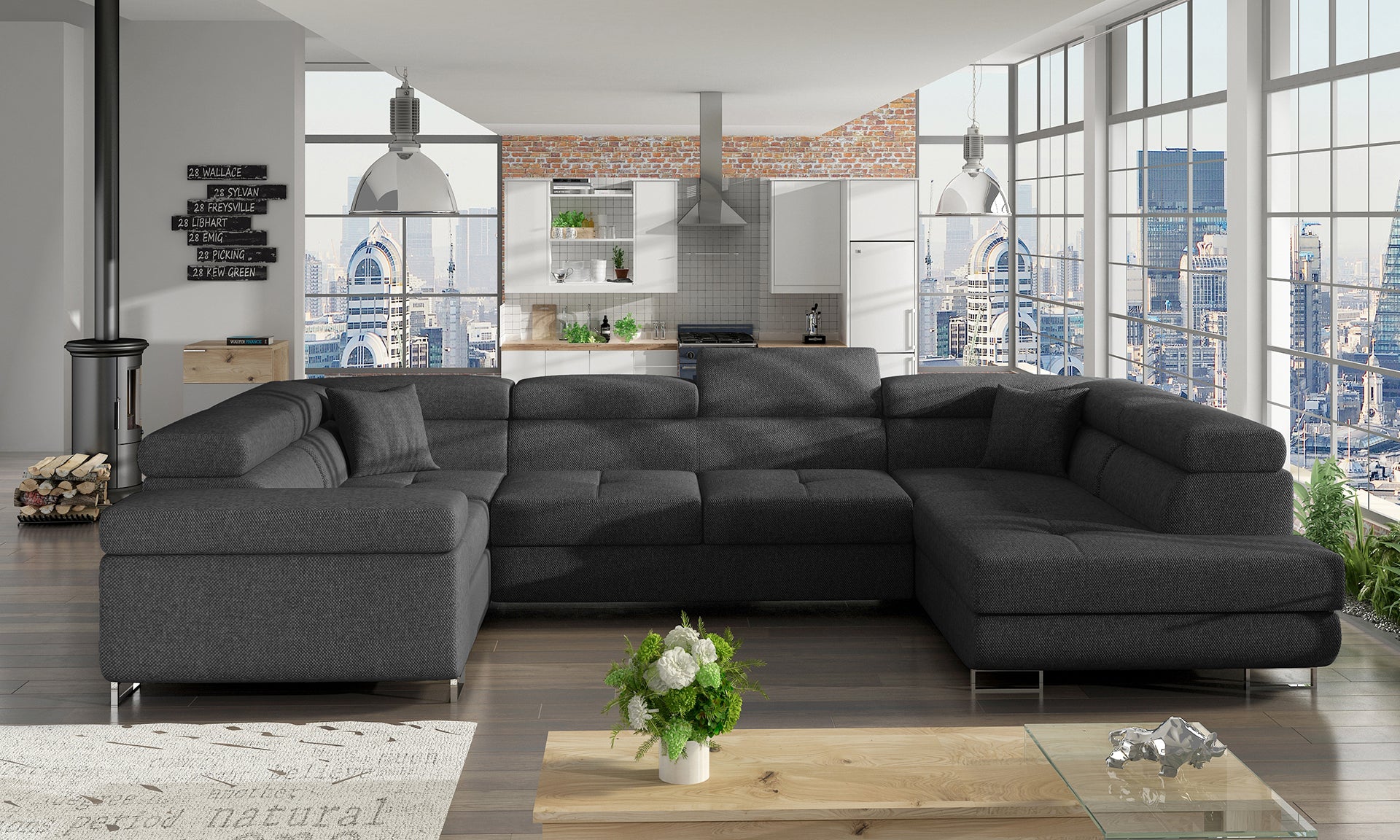 Narożnik Letto modułowy w tkaninie Inari 96 ciemnoszary w nowoczesnym salonie, widok z lewej strony