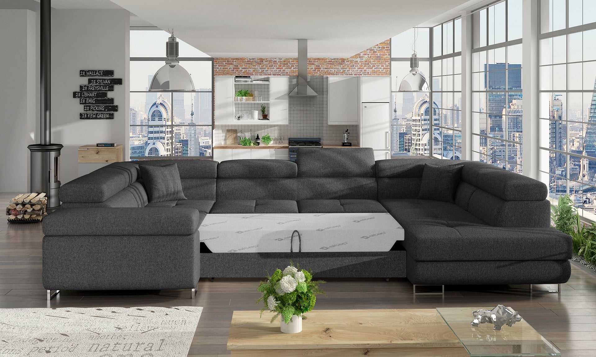 Narożnik Letto modułowy w kolorze ciemnoszarym Inari 96 w eleganckiej aranżacji salonu, widok z prawej strony