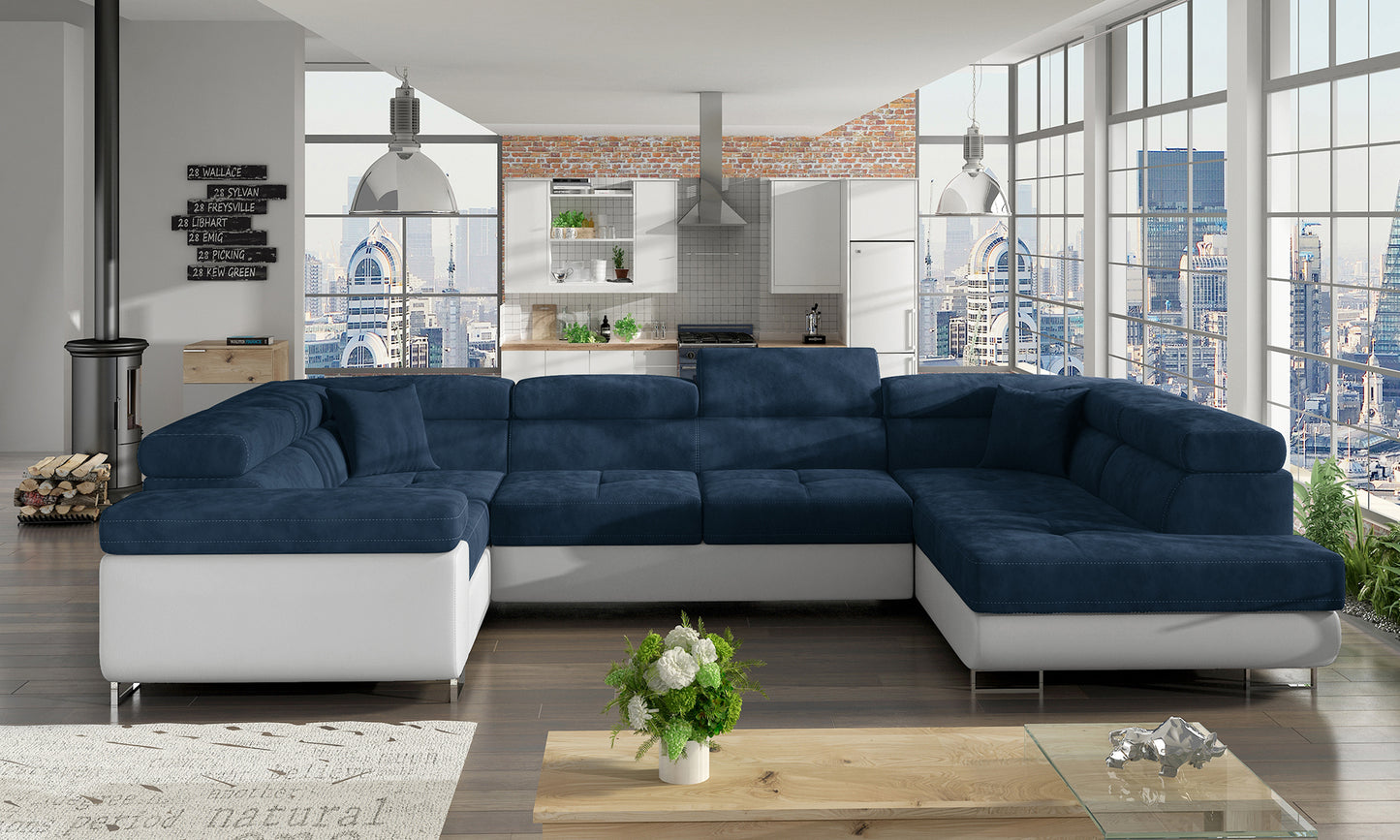 Narożnik Letto modułowy w tkaninie Kronos 09 granatowy z białą podstawą Soft 17 w nowoczesnym salonie, widok z lewej strony