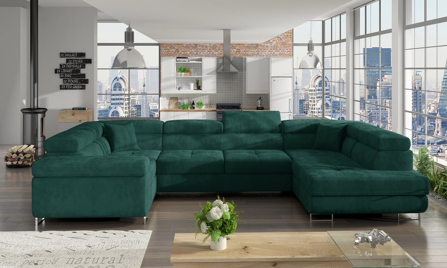 Narożnik Letto modułowy w tkaninie Kronos 19 zielony w nowoczesnym salonie, widok z lewej strony