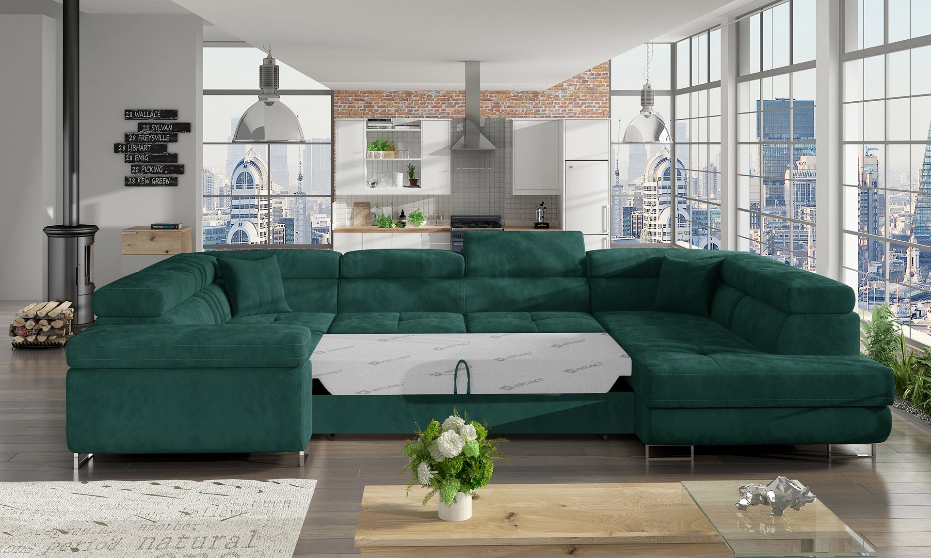 Narożnik Letto modułowy w kolorze zielonym Kronos 19 w eleganckiej aranżacji salonu, widok z prawej strony
