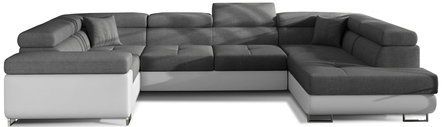 Narożnik Letto modułowy w tkaninie Sawana 05 ciemnoszary z białą podstawą Soft 17, widok całej sofy na białym tle