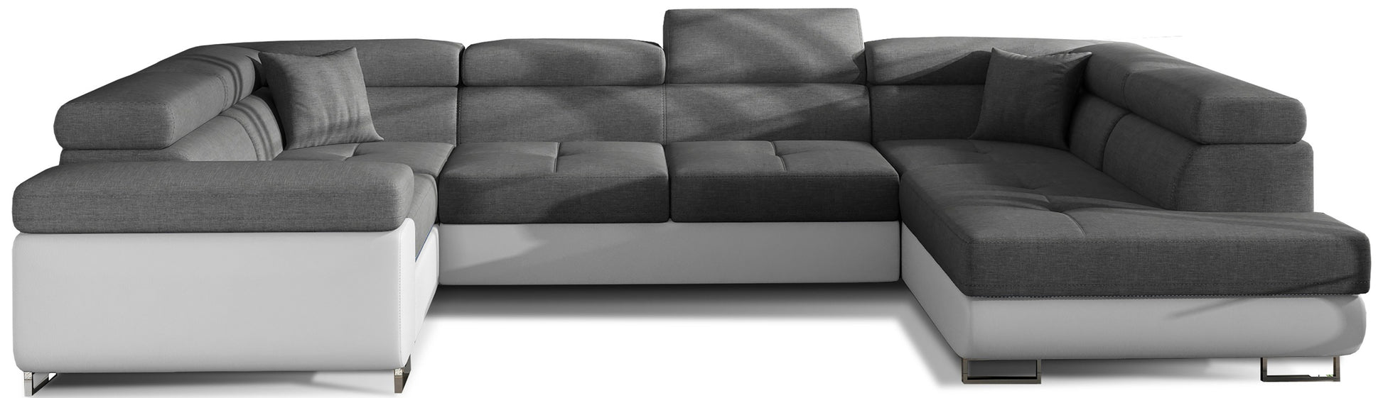 Narożnik Letto modułowy w tkaninie Sawana 05 ciemnoszary z białą podstawą Soft 17, widok całej sofy na białym tle