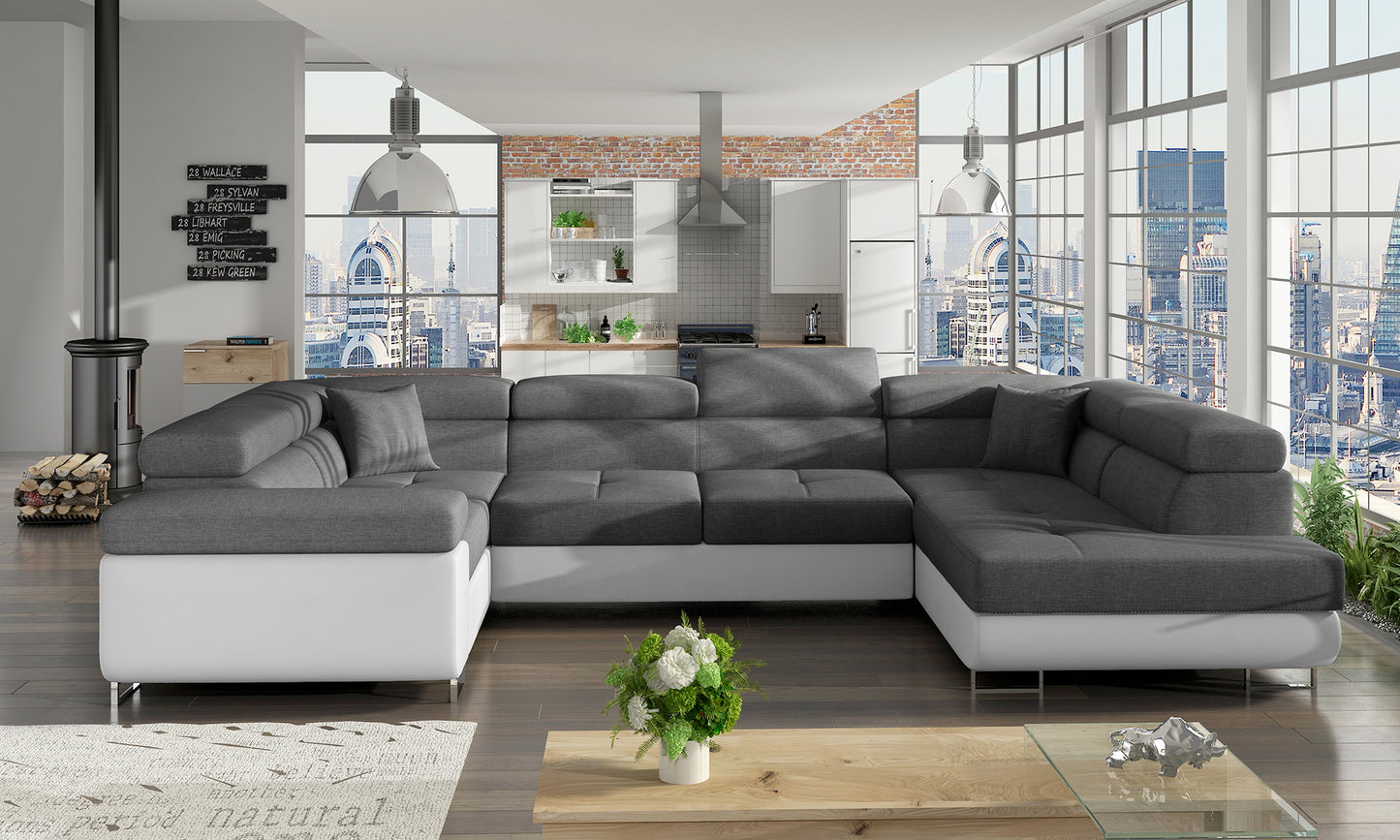 Narożnik Letto modułowy Sawana 05 ciemnoszary z białą podstawą Soft 17 w nowoczesnym salonie, widok z lewej strony