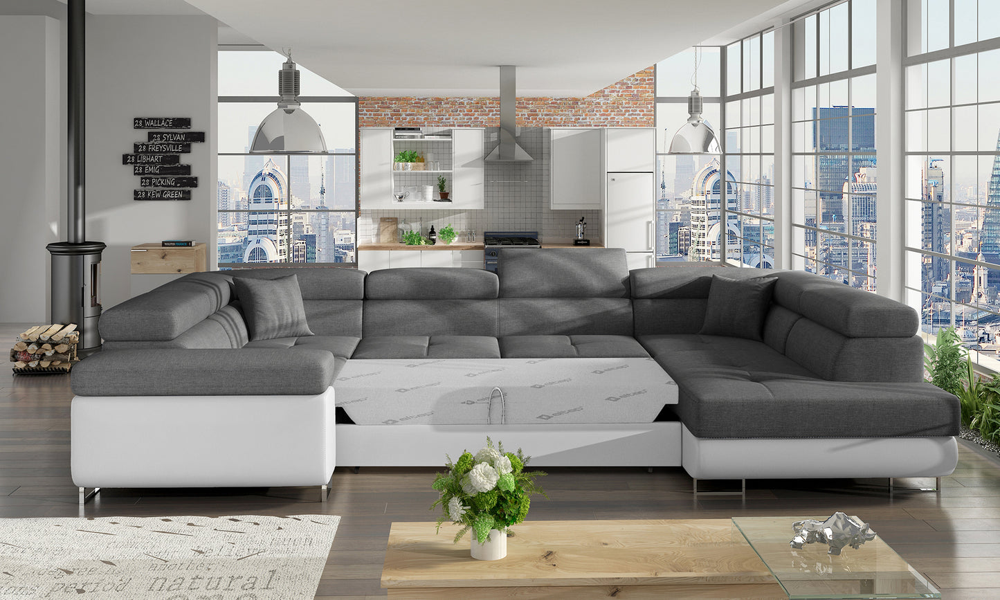 Narożnik Letto modułowy w ciemnoszarej tkaninie Sawana 05 z białą podstawą Soft 17 w eleganckiej aranżacji salonu, widok z prawej strony