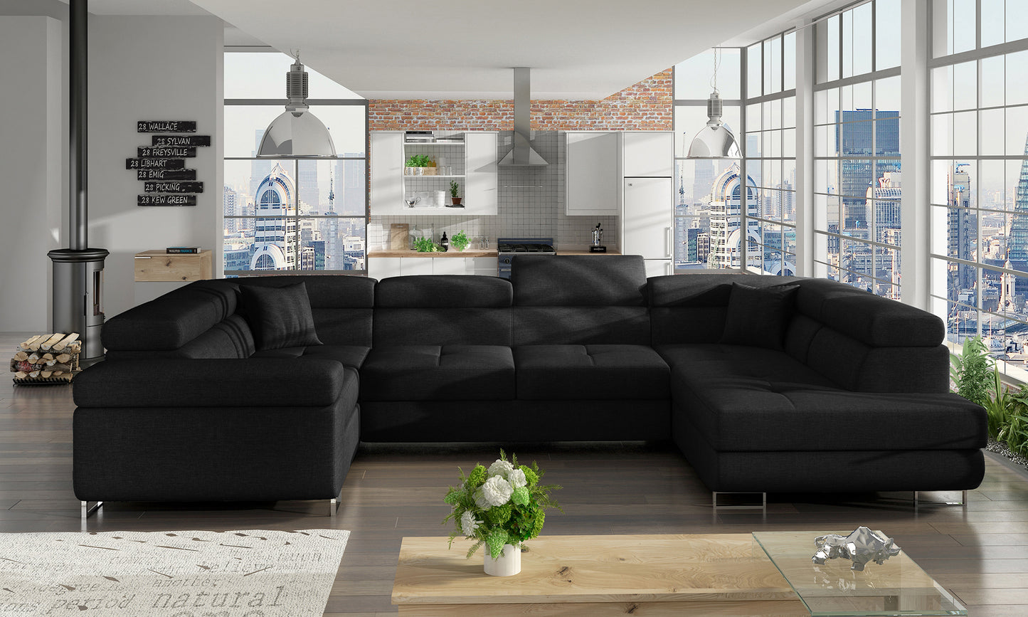 Narożnik Letto modułowy w tkaninie Sawana 14 czarny w nowoczesnym salonie, widok z lewej strony