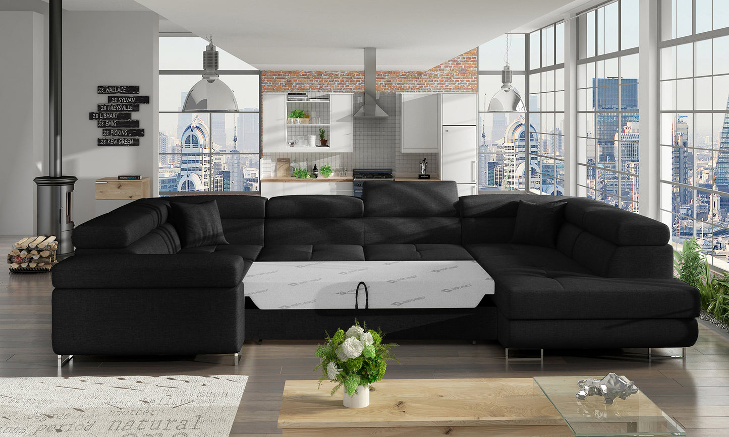 Narożnik Letto modułowy czarny w eleganckiej aranżacji salonu, widok z prawej strony
