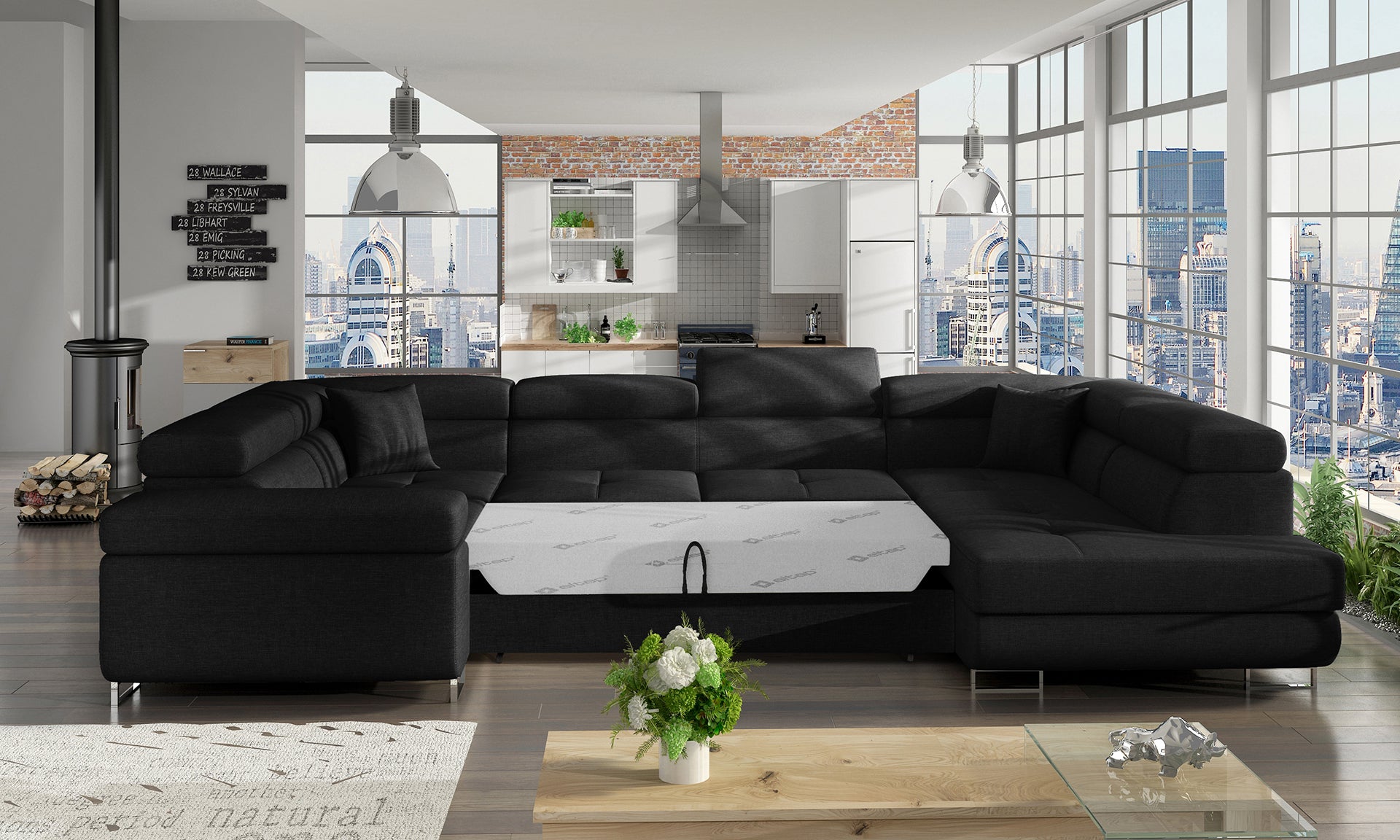 Narożnik Letto modułowy czarny w eleganckiej aranżacji salonu, widok z prawej strony