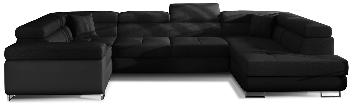 Narożnik Letto modułowy w tkaninie Sawana 14 czarny z podstawą Soft 11 czarny, widok całej sofy na białym tle