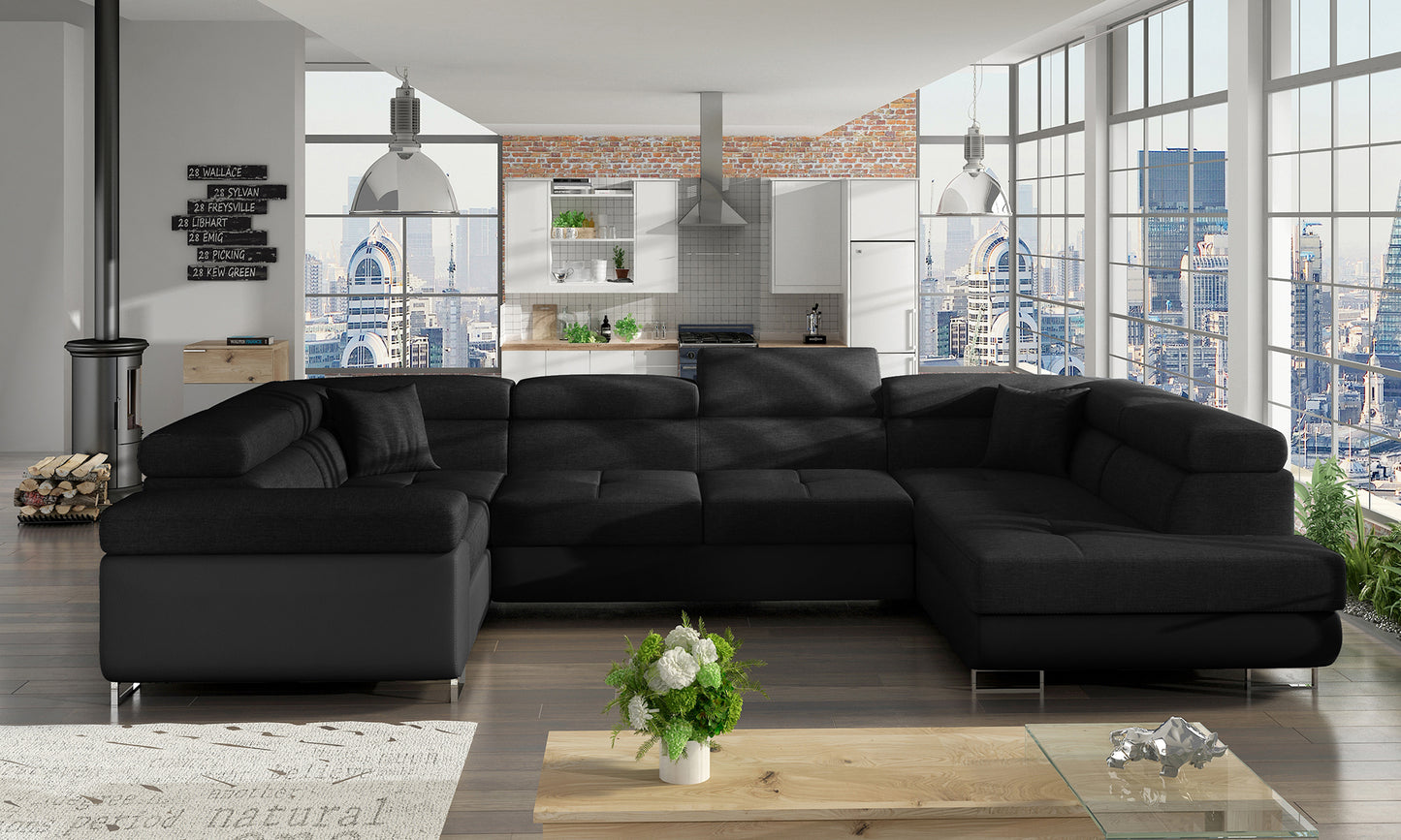 Narożnik Letto modułowy w czarnej tkaninie Sawana 14 z czarną podstawą Soft 11 w nowoczesnym salonie, widok z lewej strony