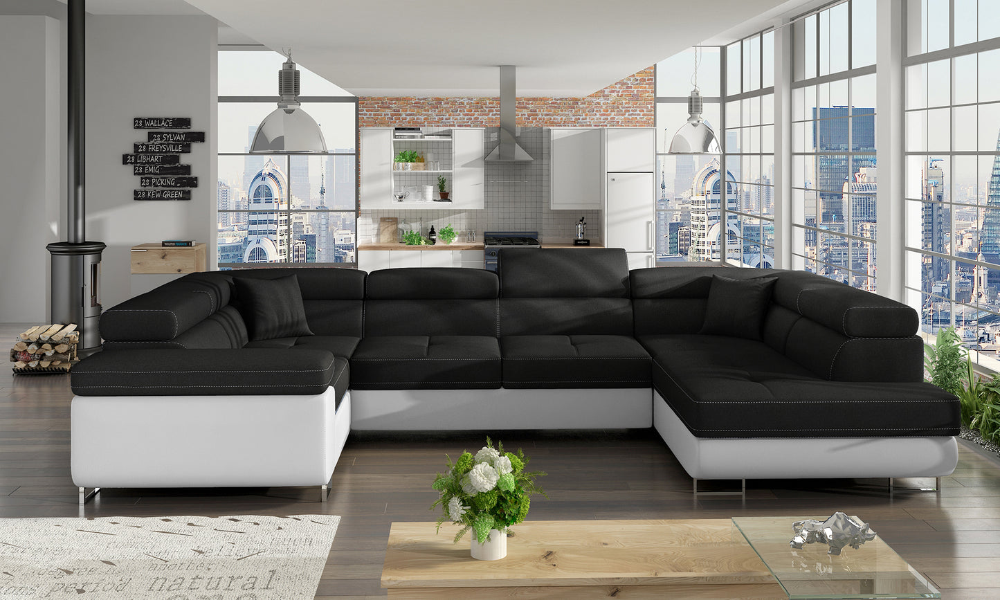 Narożnik Letto modułowy Sawana 14 czarny z białą podstawą Soft 17 w nowoczesnym salonie, widok z lewej strony