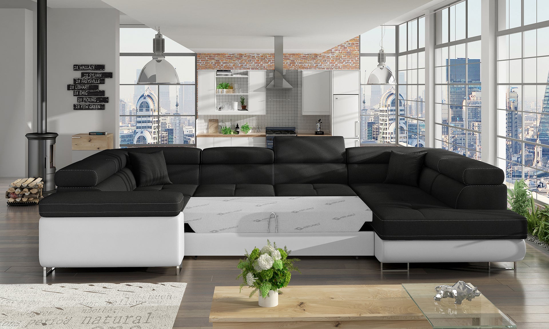Narożnik Letto modułowy w czarnej tkaninie Sawana 14 z białą podstawą Soft 17 w eleganckiej aranżacji salonu, widok z prawej strony