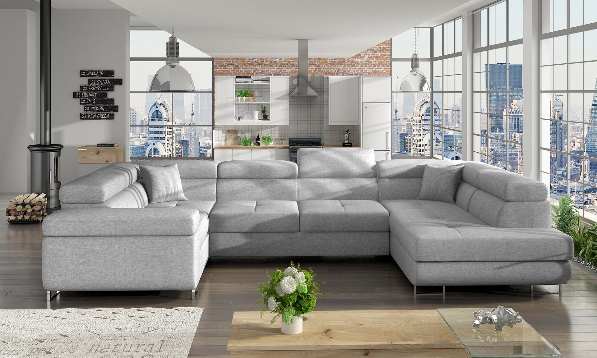 Narożnik Letto modułowy w kolorze szarym w nowoczesnym salonie, widok z lewej strony