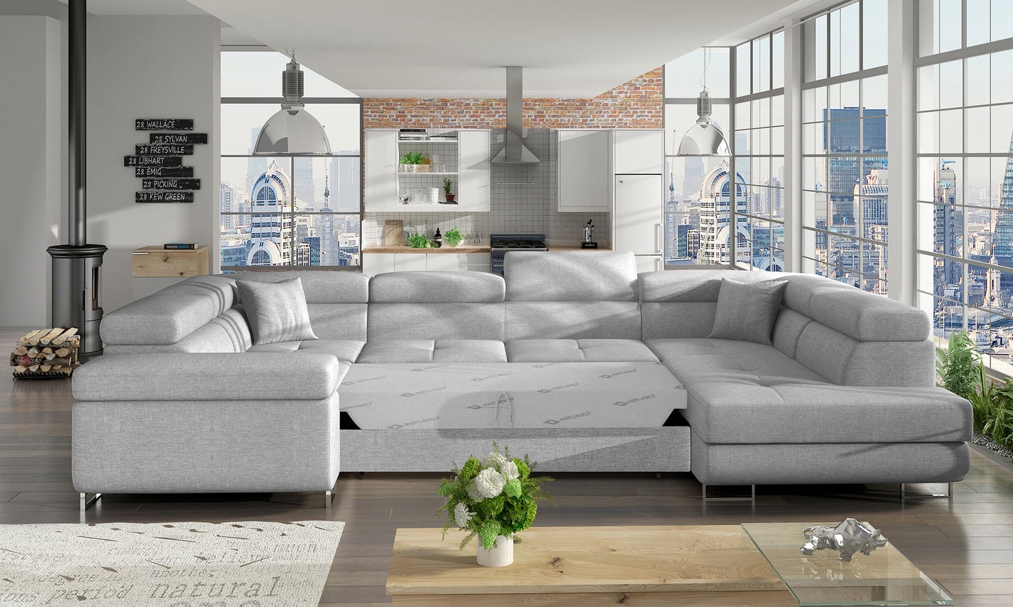 Narożnik Letto modułowy w szarej tkaninie Sawana 21 w aranżacji salonu, widok z prawej strony
